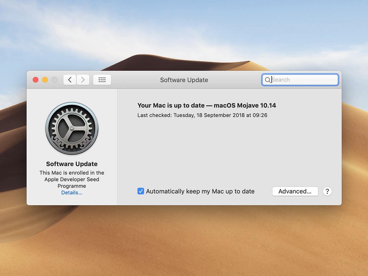 A dialog box showing that an Apple computer has updated to macOS Mojave 10.14.