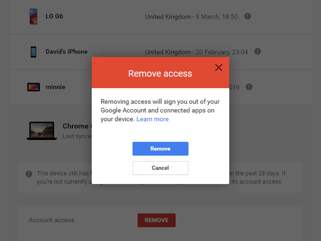 The popup box that appears when you try to remove a device from your Google account.