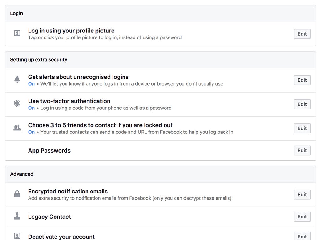 Facebook's page for account security settings