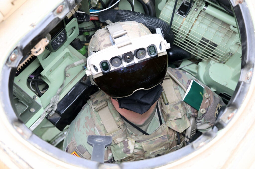 A soldier wearing augmented reality goggles.
