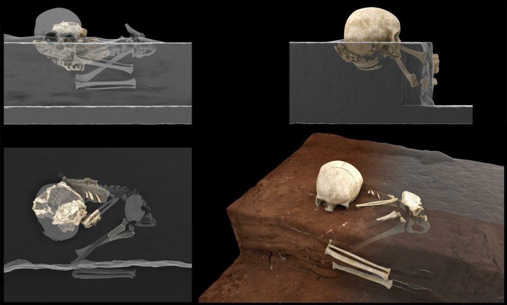 Virtual reconstruction of the Panga ya Saidi hominin remains at the site (left) and ideal reconstruction of the child's original position at the moment of finding (right)