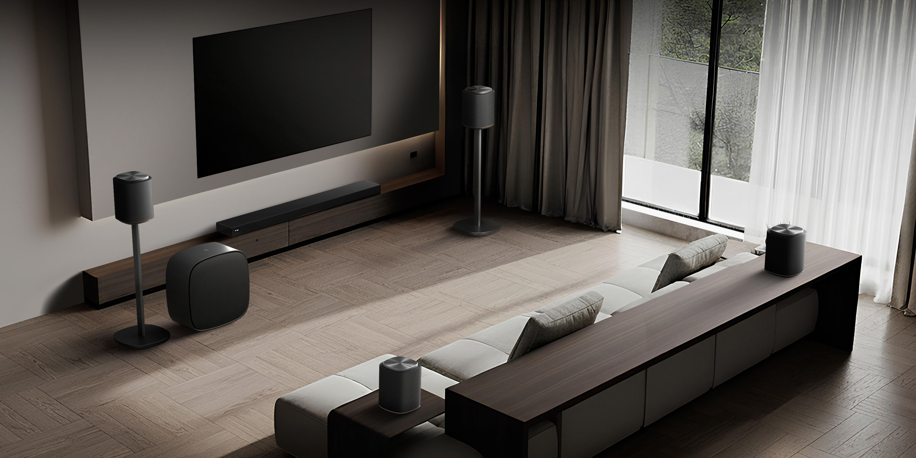 A living room render of the LG Sound Studio suite of Dolby FlexConnect home cinema speakers