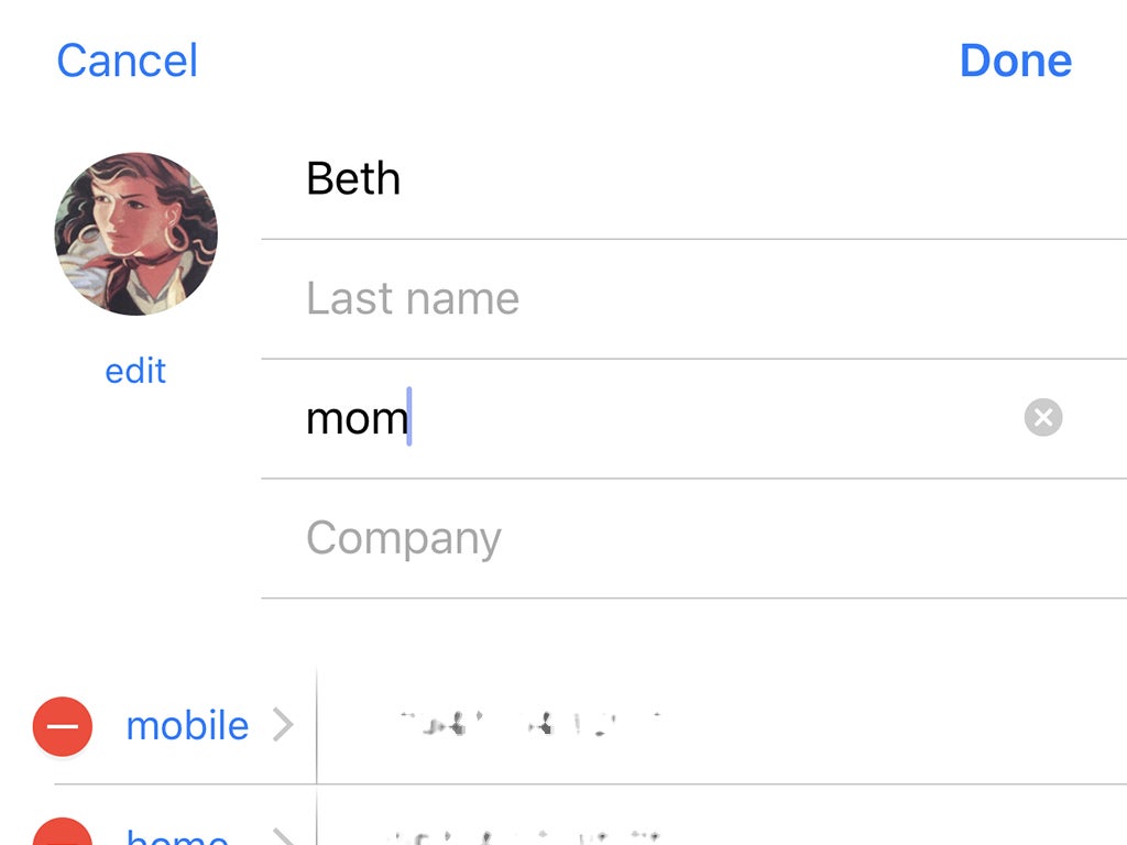 An iPhone contact card with the contact's nickname set to "mom."