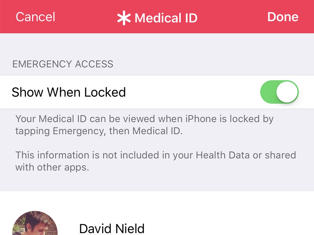 The iPhone Medical ID option, with an activated toggle switch to show emergency information on the lock screen.