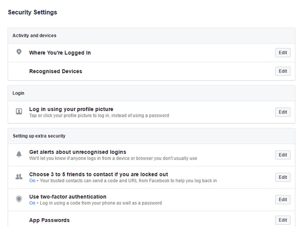 Facebook's security options settings page.