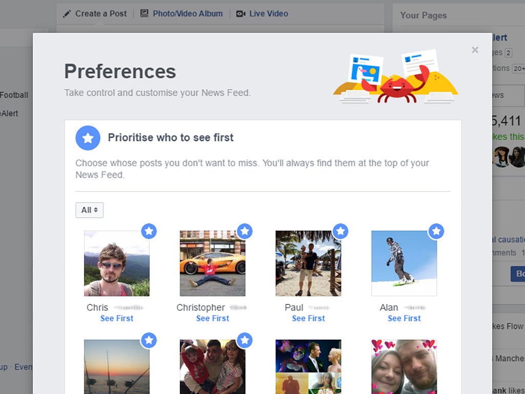 Варианты Facebook для выбора сообщений друзей, которые вы видите первыми в своей ленте новостей.