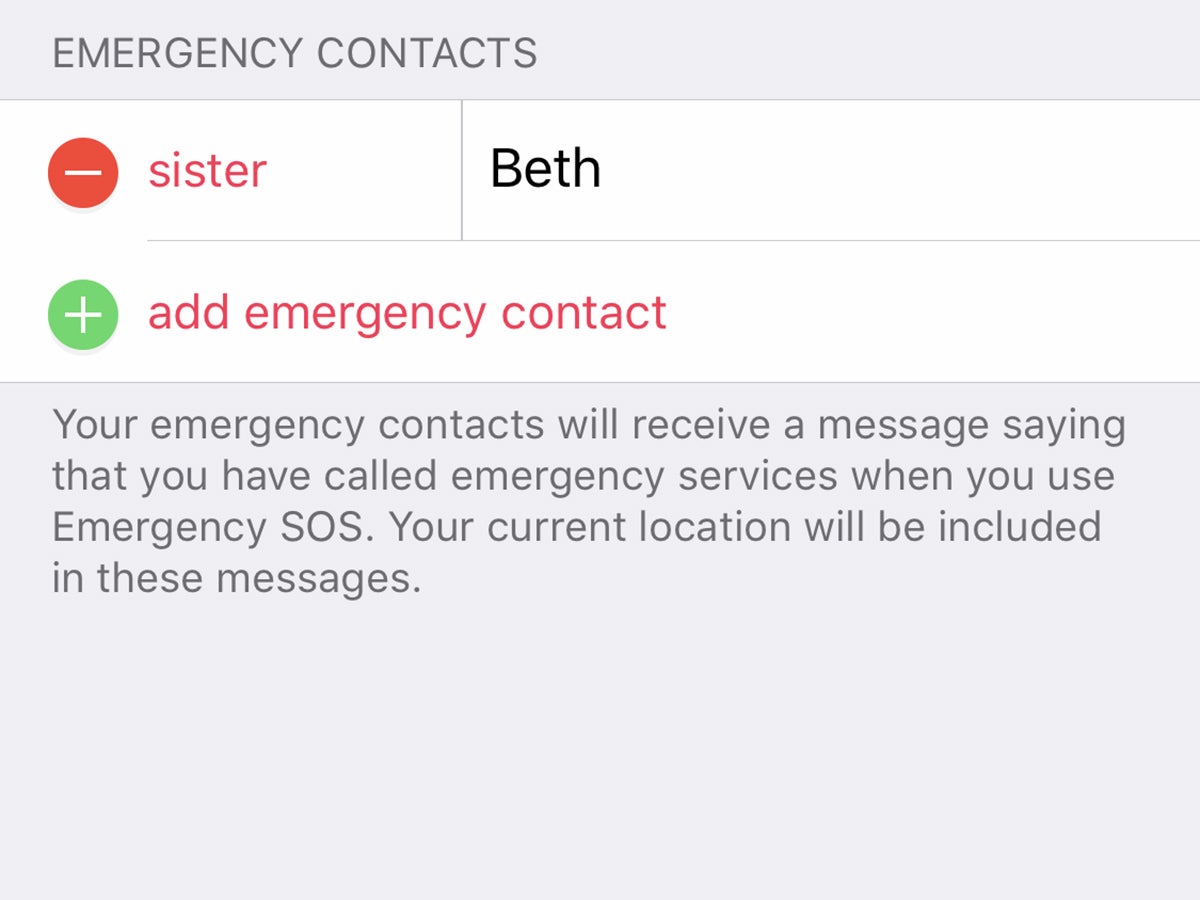 The iOS settings screen for emergency contacts.