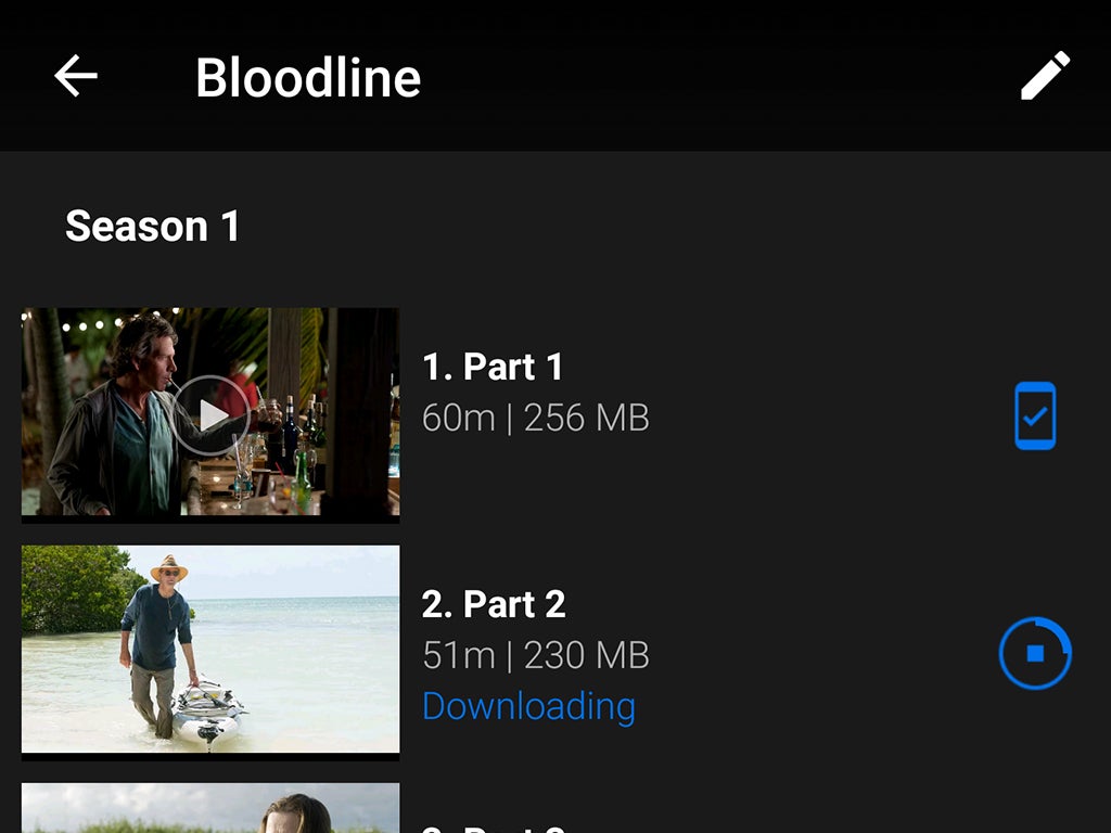 The Netflix user interface for the show Bloodline, showing offline download options.