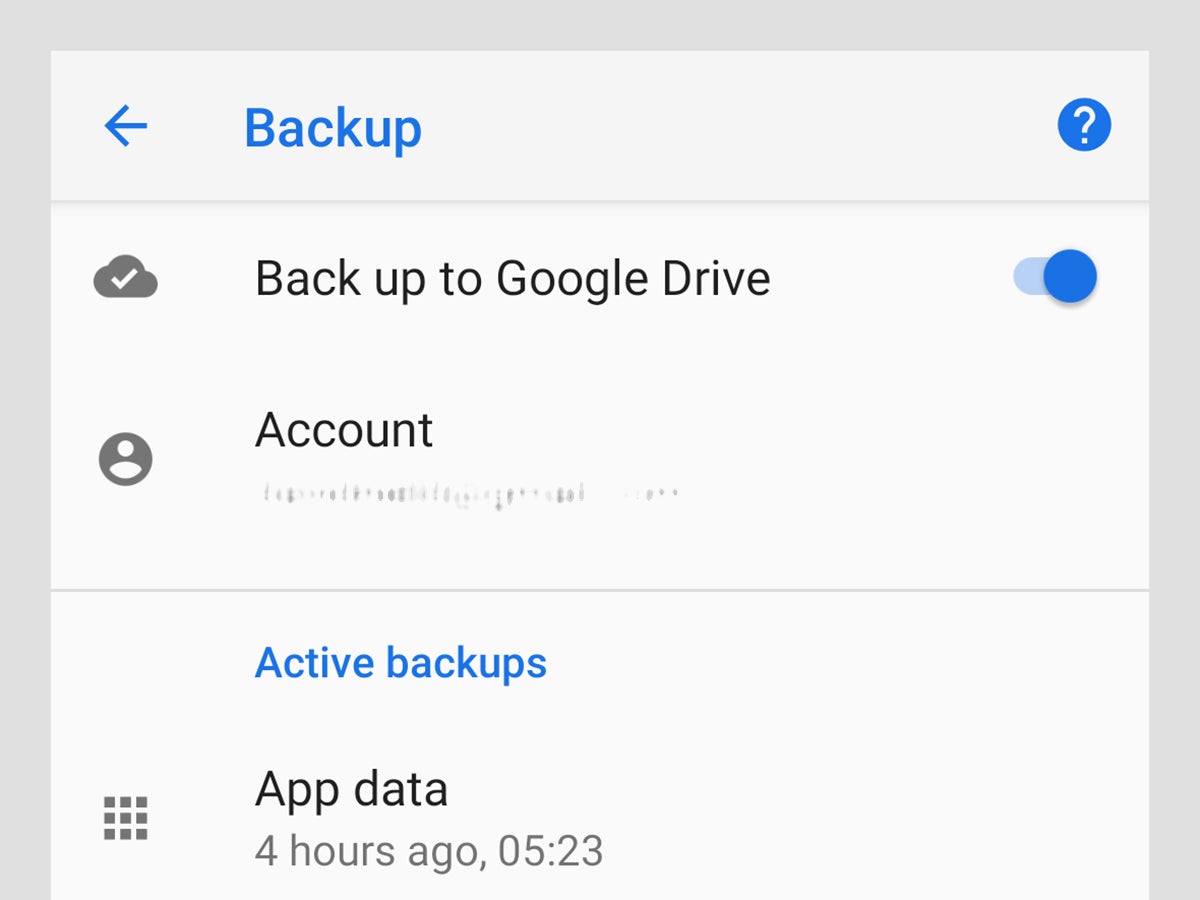 The settings screen on an Android device for file backup.