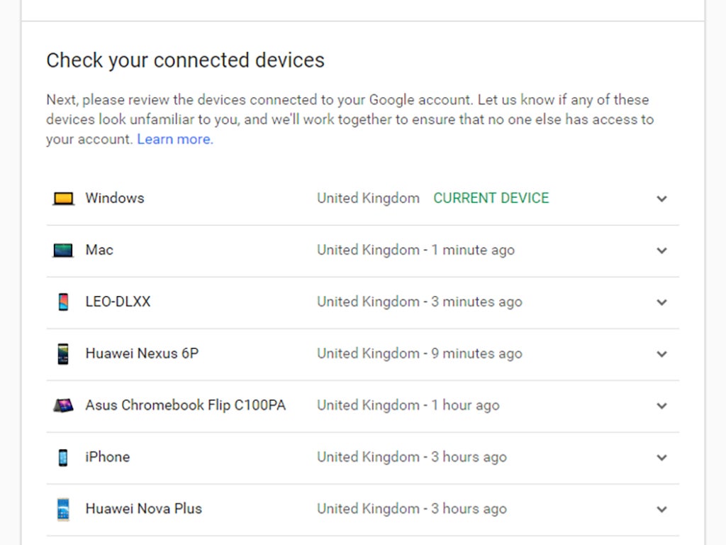 A Google account settings page showing connected devices.