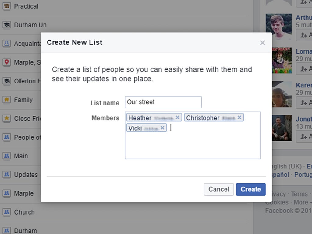 Creating a custom friend list on Facebook.