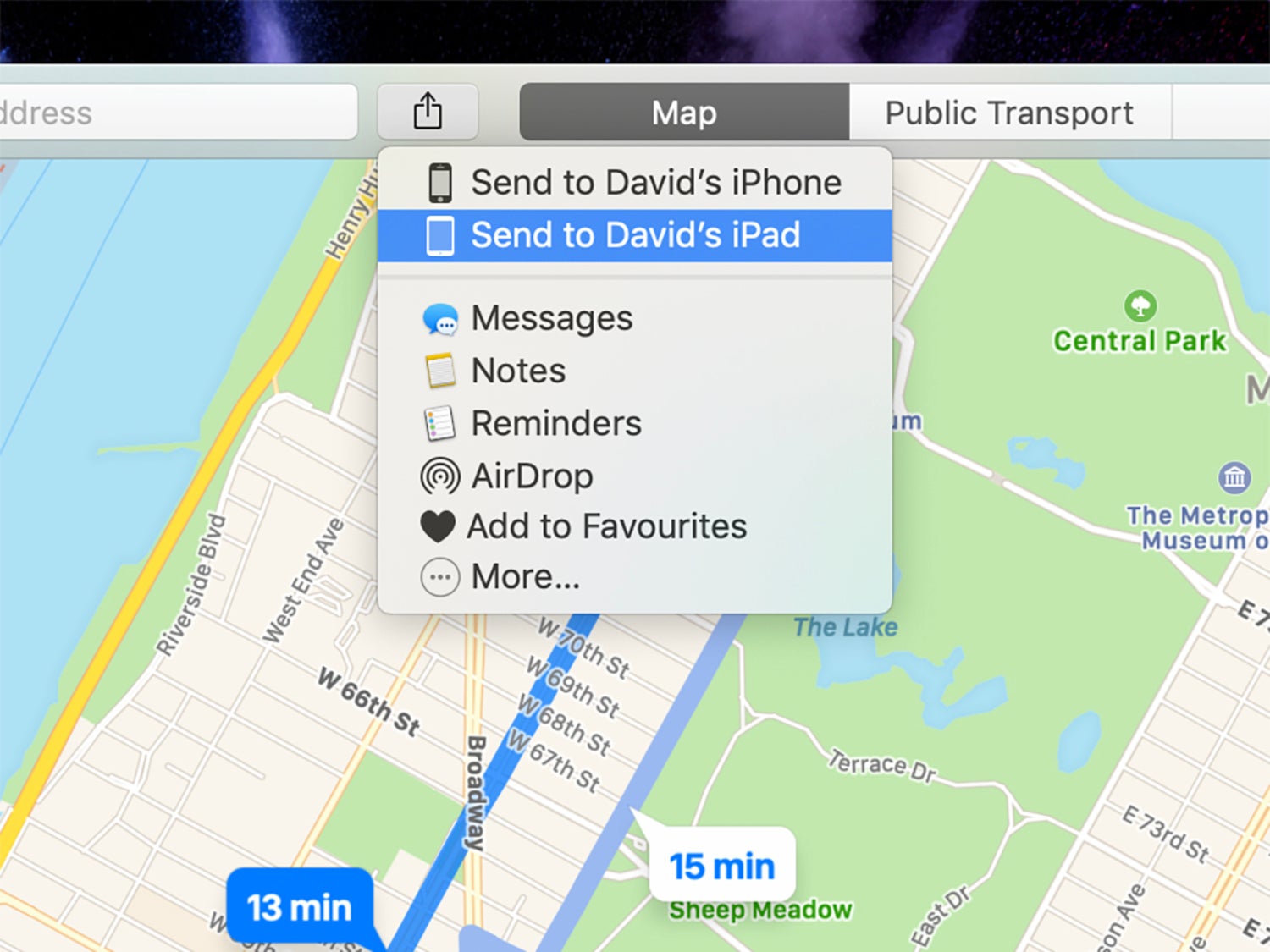 Apple maps on macOS, showing the sharing feature between devices.