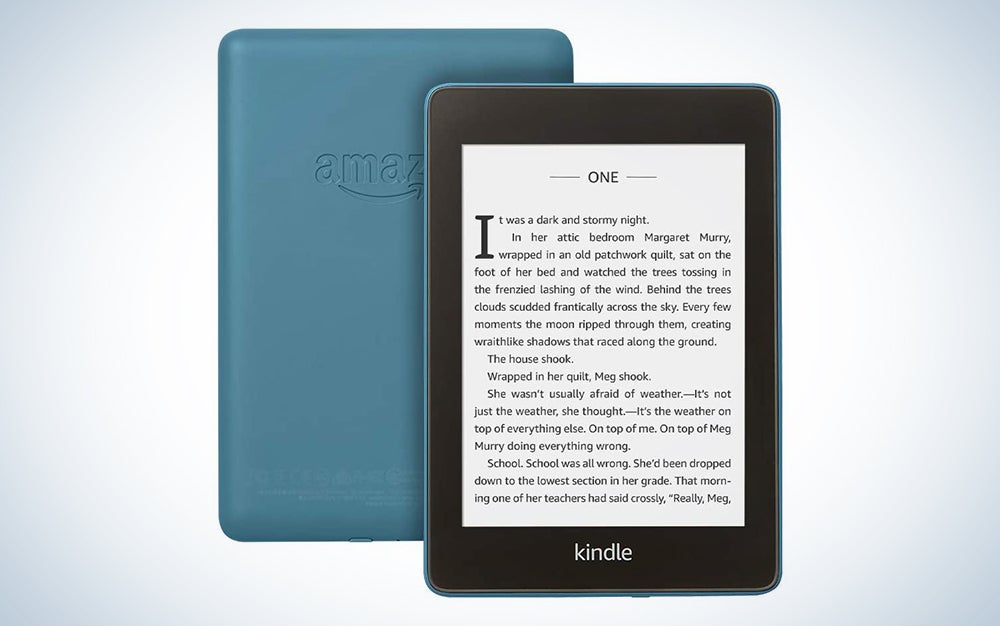 kindle paperwhite with a blue back