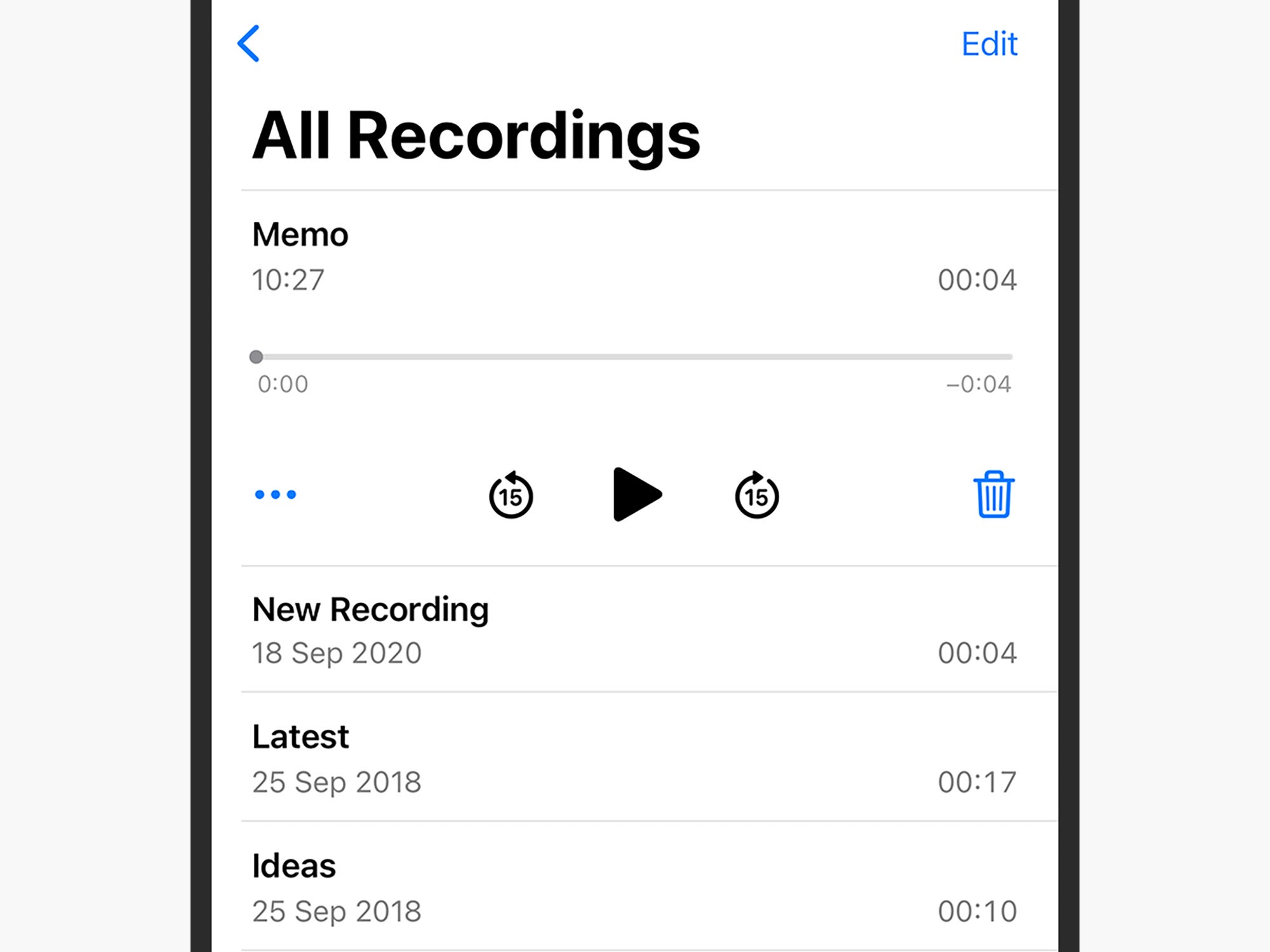 The user interface for Apple's Voice Memos voice recorder app for iOS.
