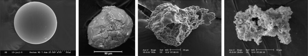 Immagini microscopiche di quattro tipi di polvere cosmica.