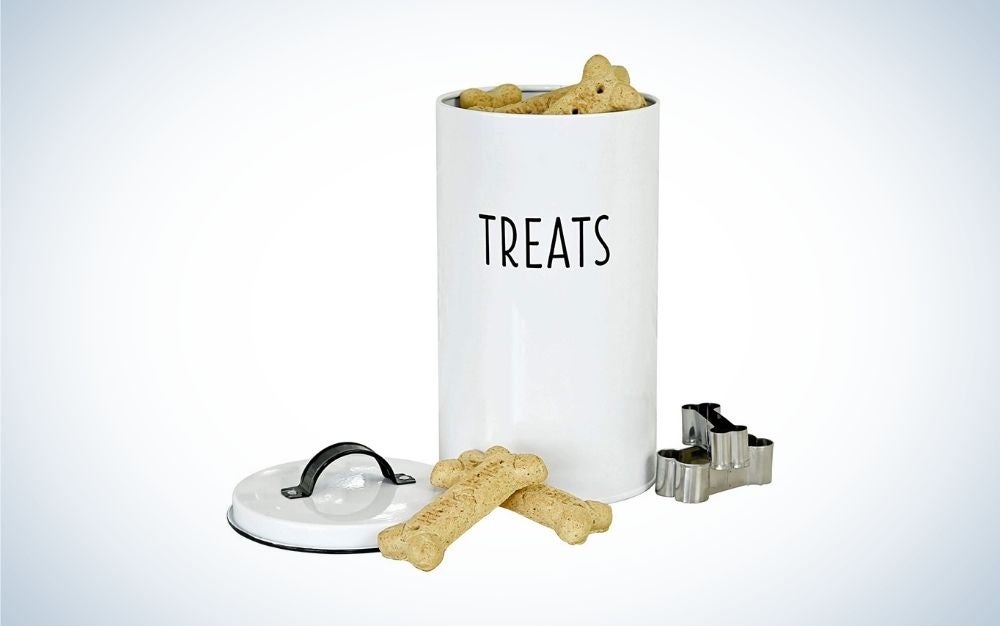 White pet food container with lid and two dog bone cutters