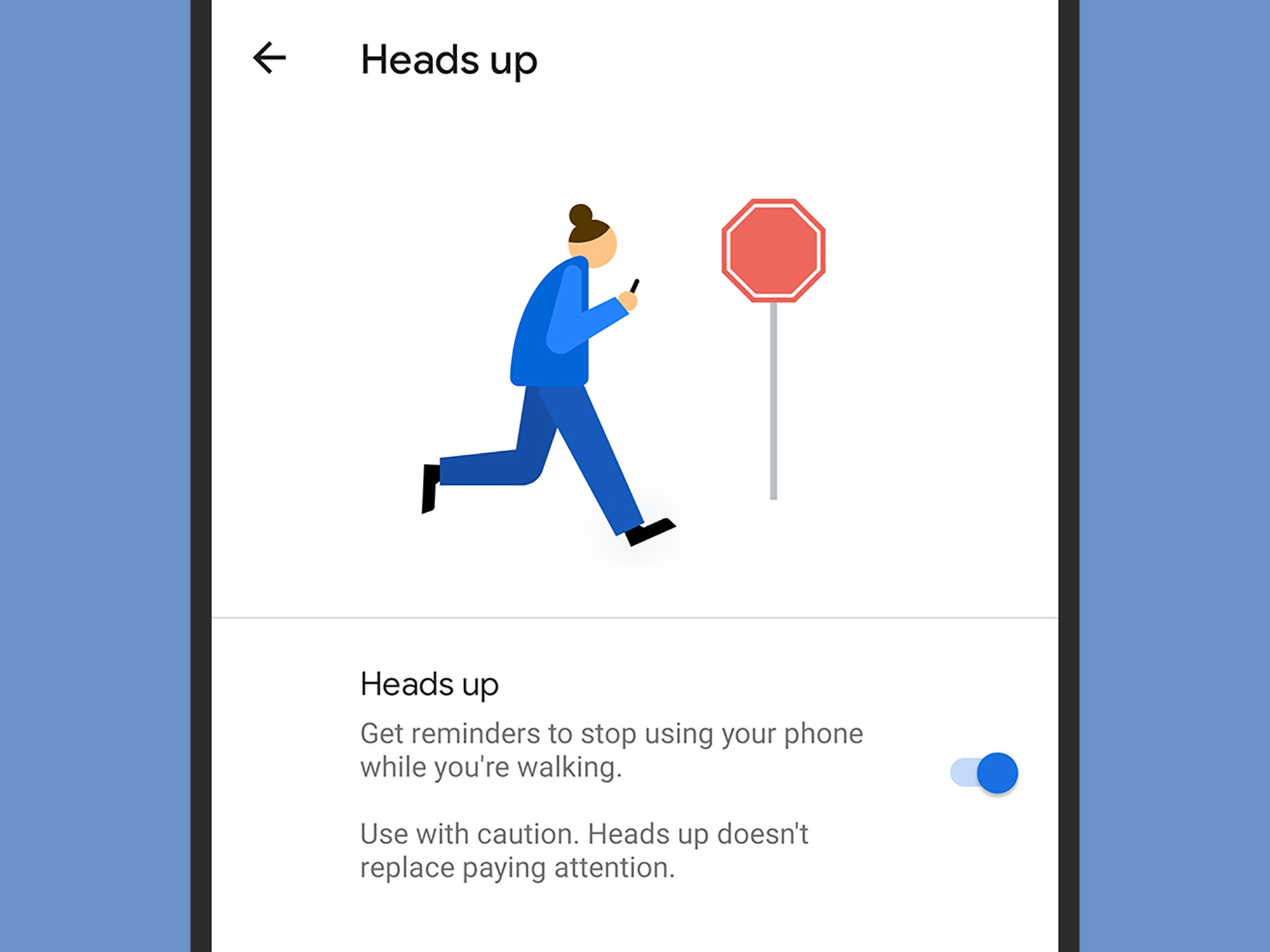 The Android settings screen for Heads Up, which reminds you not to use your phone while walking.