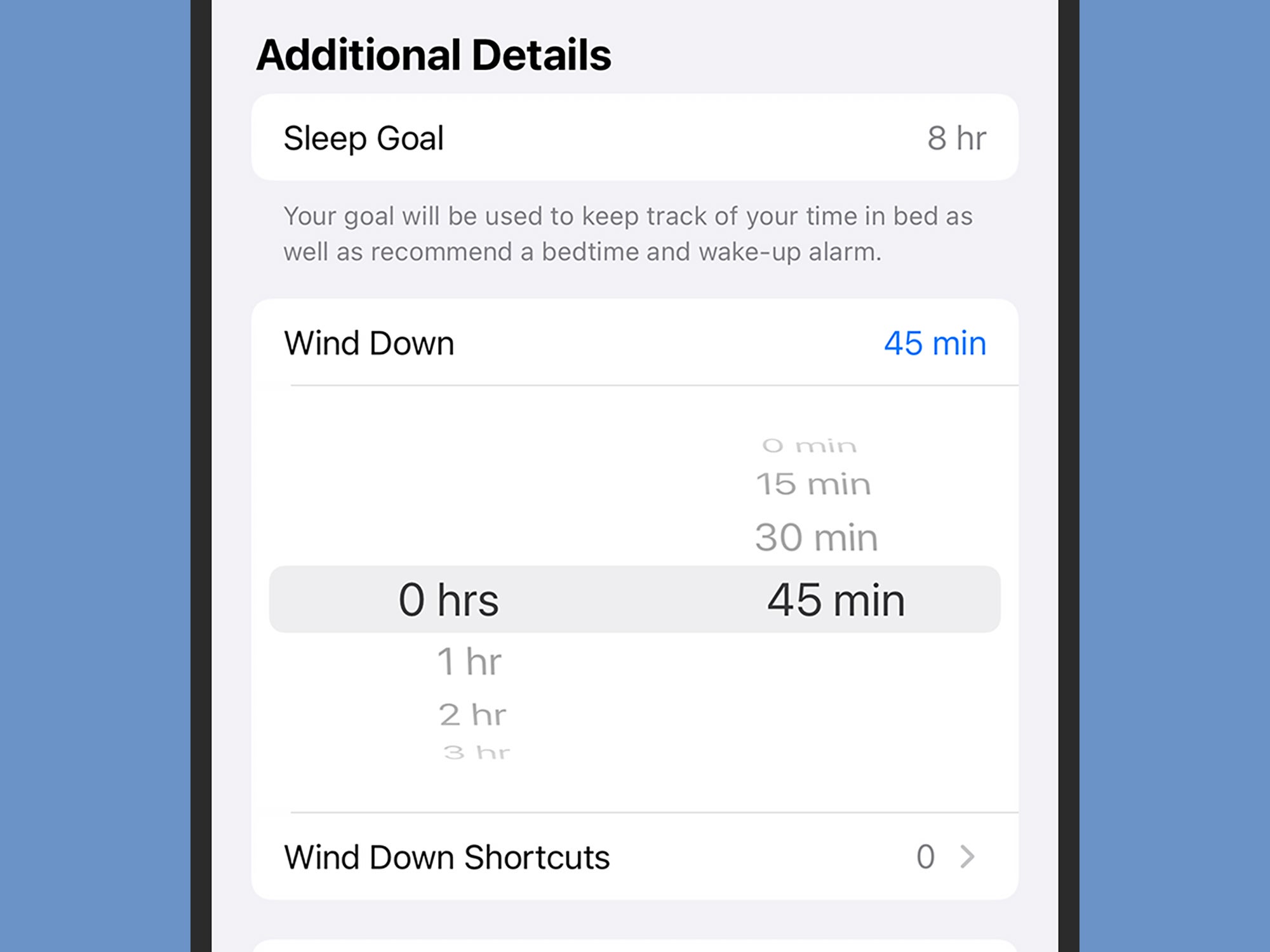 The Wind Down settings screen on iOS.
