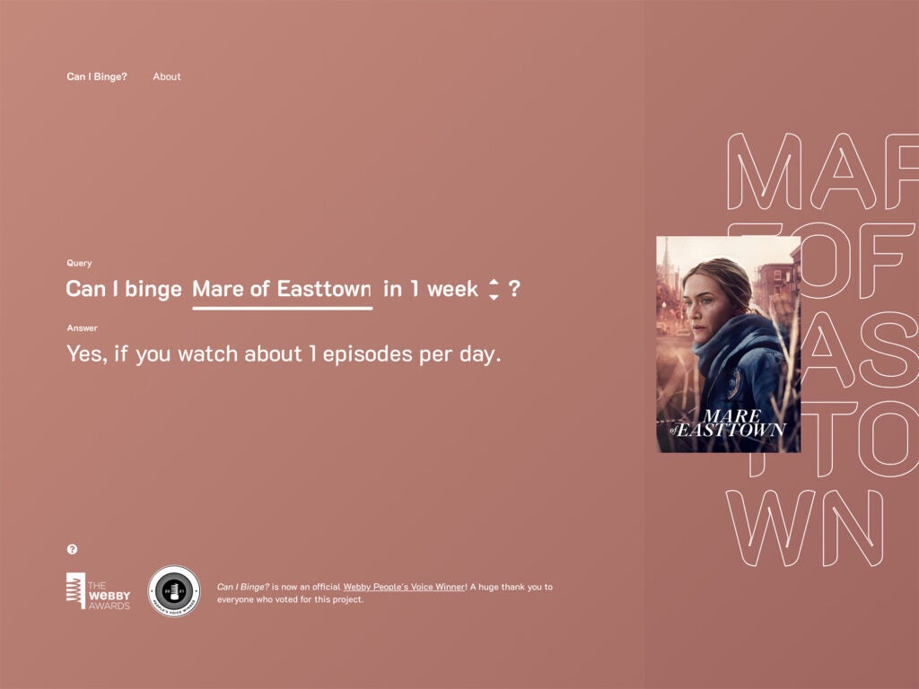 The user interface for Can I Binge? streaming tool showing that it's possible to watch Mare of Easttown in one week.