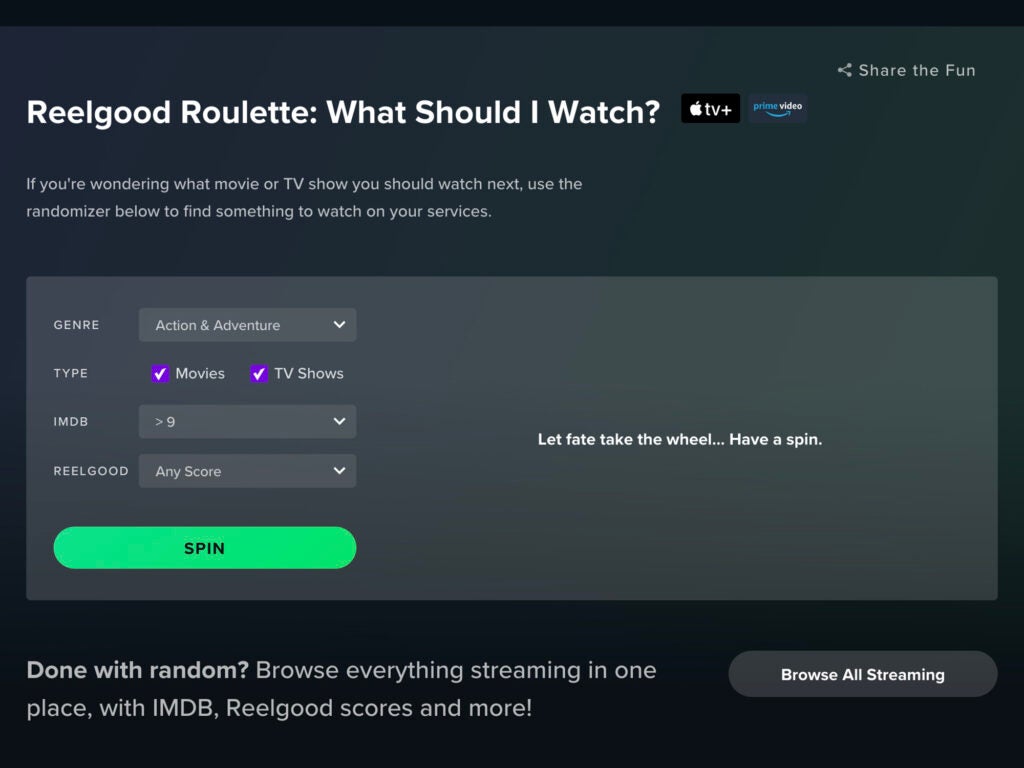 The user interface for the Reelgood streaming tool, showing the options for spinning a wheel to watch a random episode or movie.