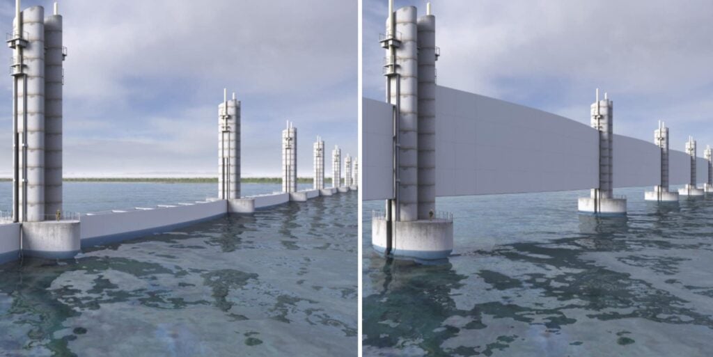 82-foot-high white gates raised during a storm surge in a drawing