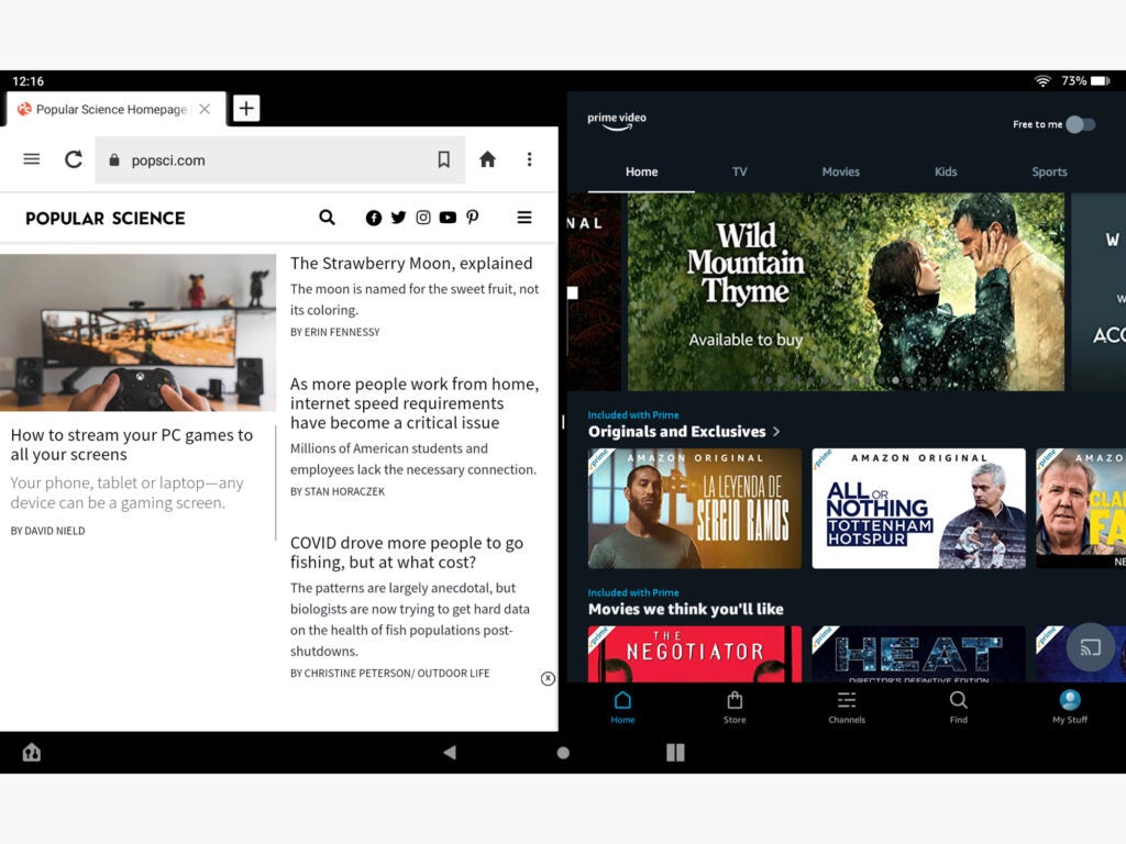 Popular Science magazine's website next to Amazon Prime Video, showing how Amazon Fire HD tablets can view windows side by side.
