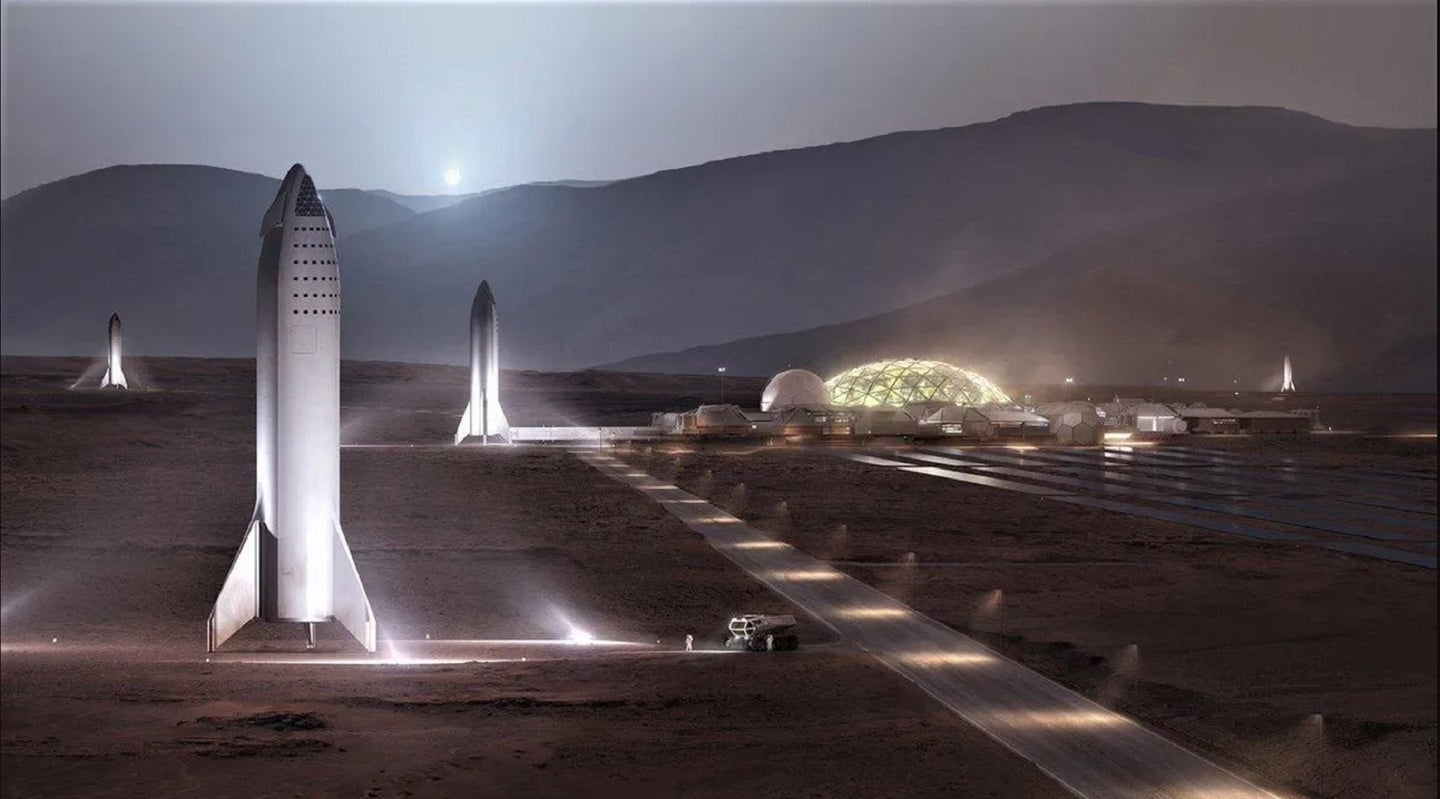 Human population on Mars depicted in a SpaceX Mars colony rendition.