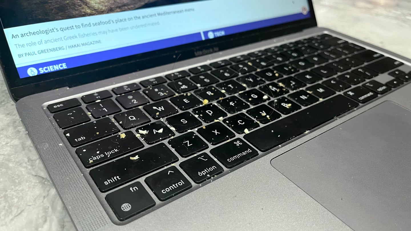 A silver Macbook Air keyboard that someone needs to learn how to clean. There are crumbs and even a hair on it.