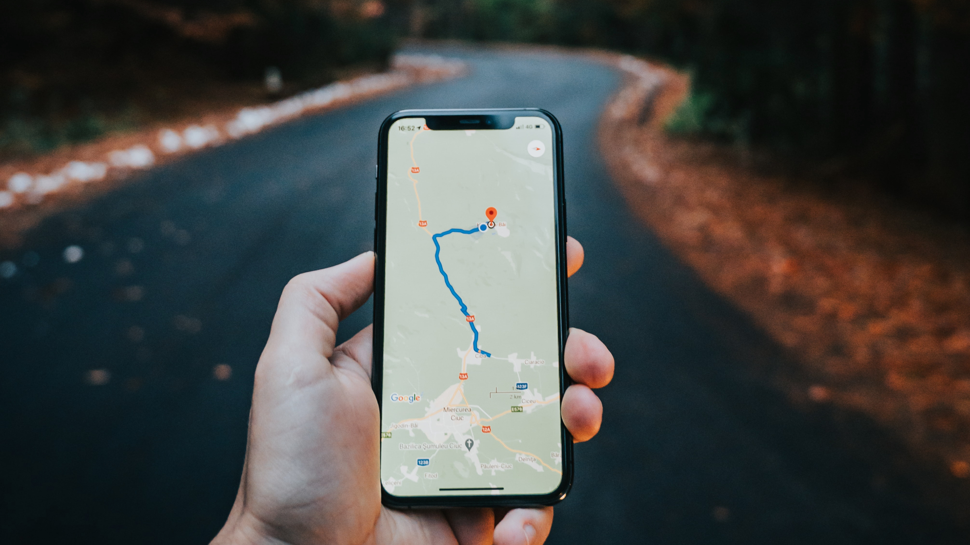 A hand holding an iPhone with Google Maps navigation active on the screen, as the person stands in the middle of a curvy forest road that's wet from rain and has fallen leaves along its edges.