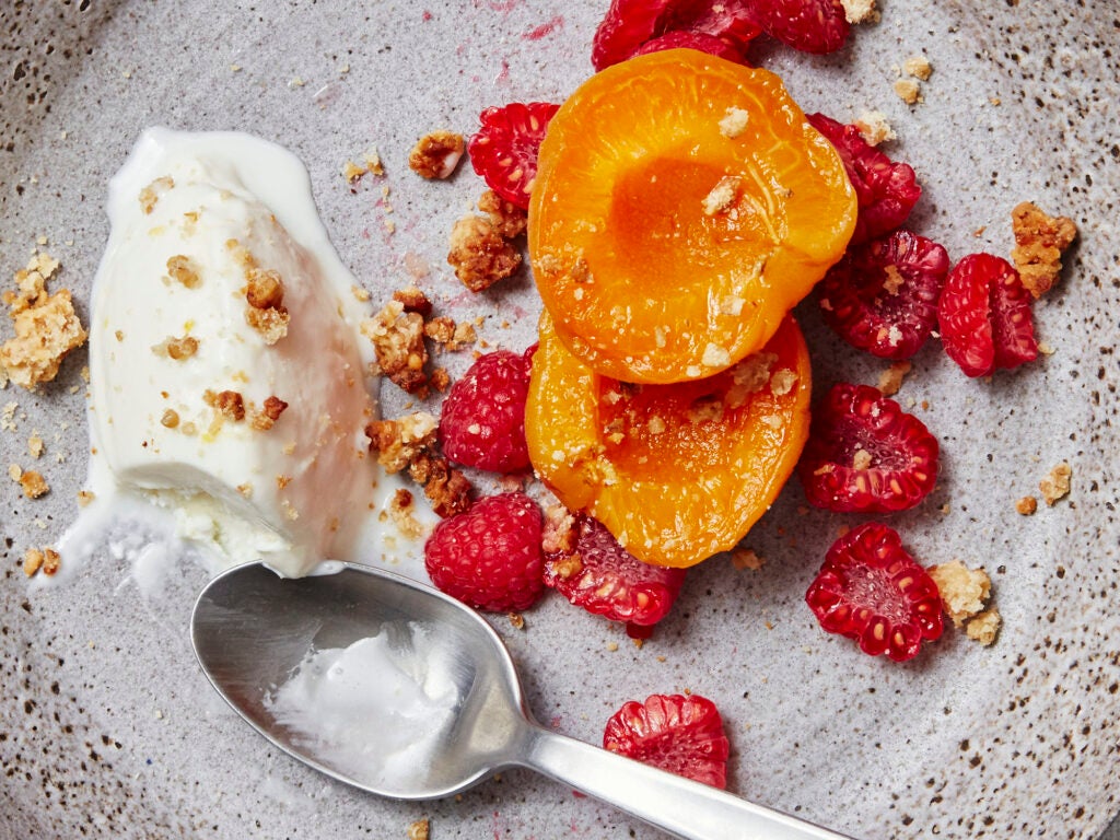 Sweet Cheese Ice Cream with Apricots, Raspberries, and Honey Granola