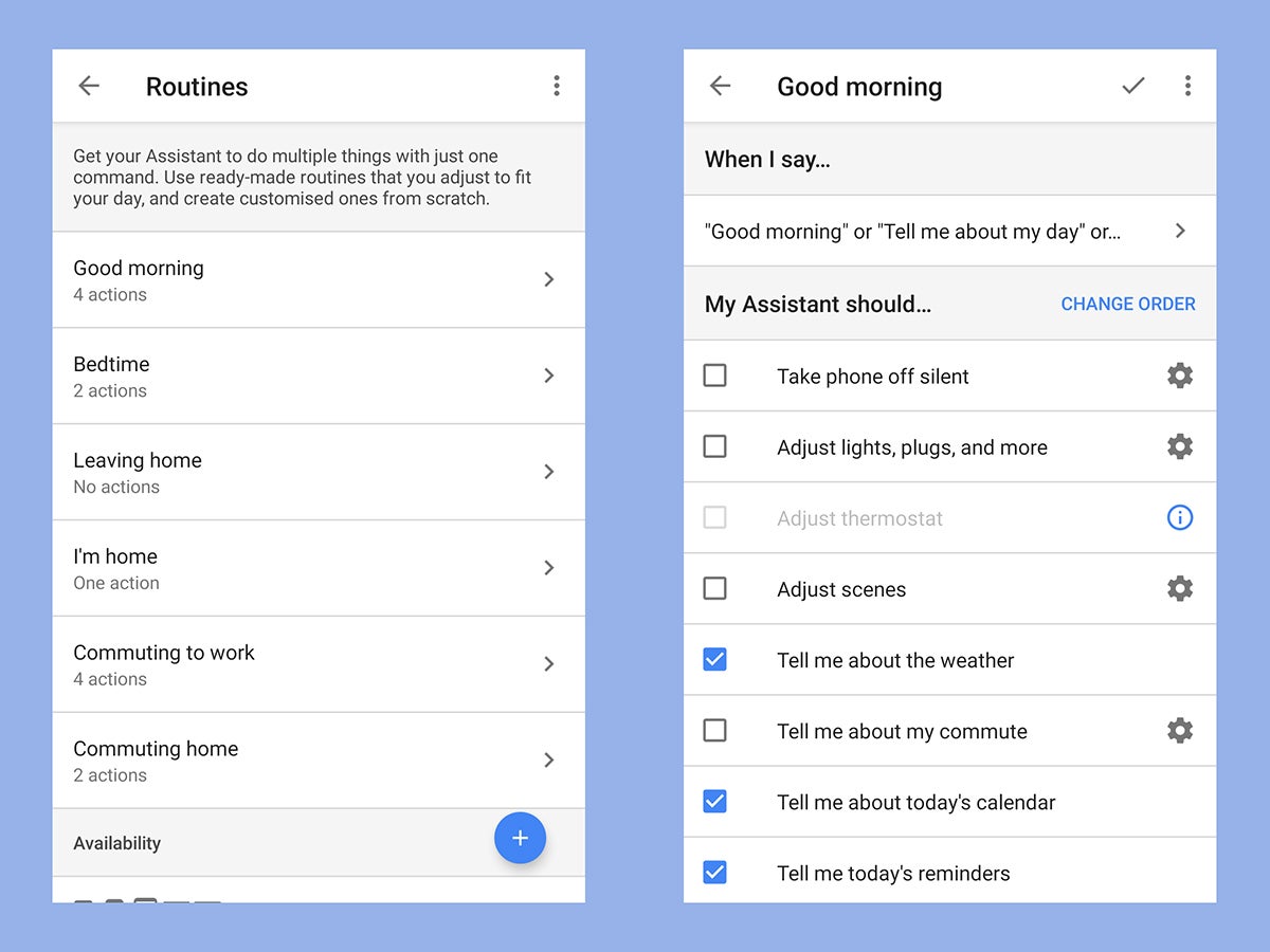 The interface for setting up routines for Google Assistant in the smartphone app.