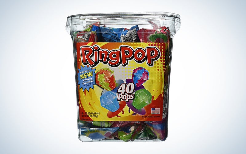 a container full of ring pops