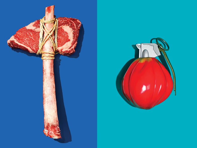 hatchet made of meat and vegan grenade