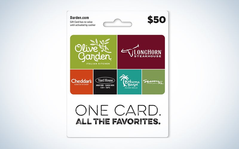 A Darden Restaurants Gift Card on a blue and white background