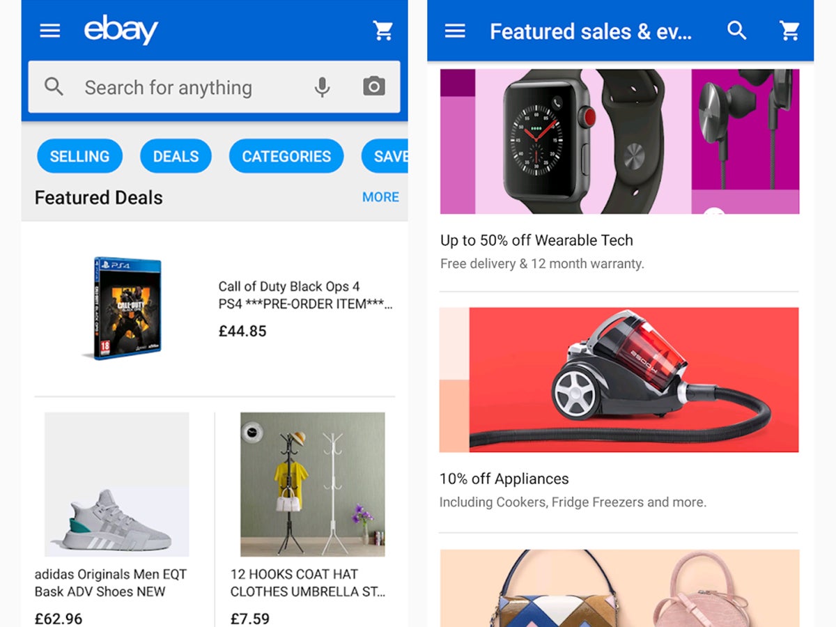 The buying and selling interface on the eBay app.