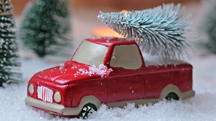 Red toy truck carries a small recycled Christmas tree