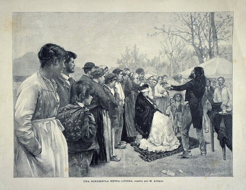 an illustration of a man pretending to read someone's mind in front of a crowd