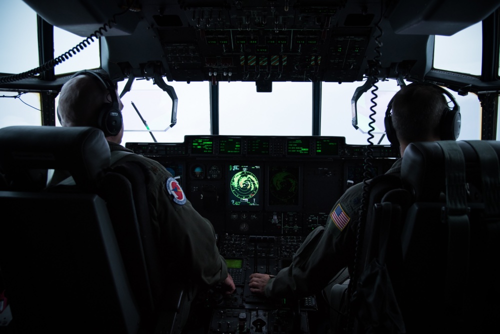 The cockpit of a hurricane hunter flight
