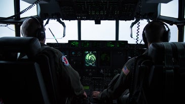 The cockpit of a hurricane hunter flight