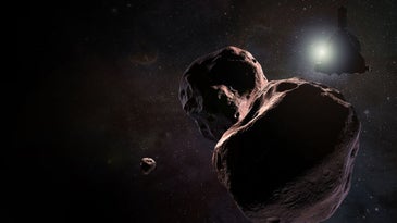 a two-lobed rock floating in space 
