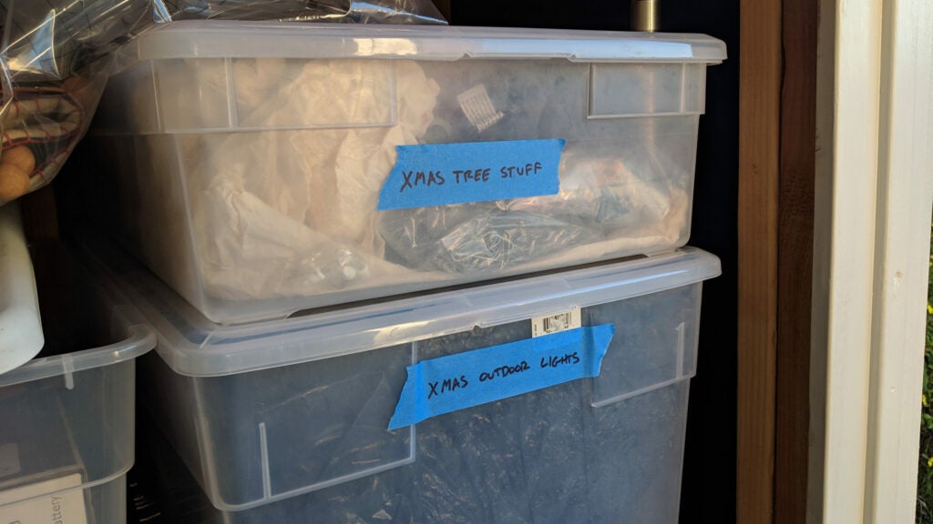 Labeled boxes of holiday decorations