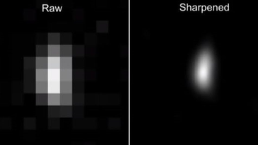 a pixelated raw image on the left, and a sharpened image of a fuzzy oval on the right