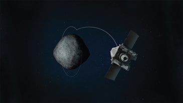 a drawing of a spacecraft orbiting a small asteroid 