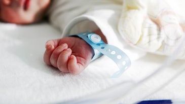 a newborn baby's wrist with a hospital bracelet on it 