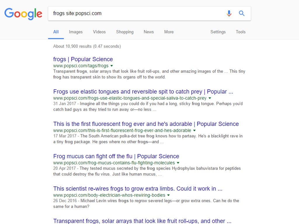 A Google search results page for articles about frogs on Popular Science's website.