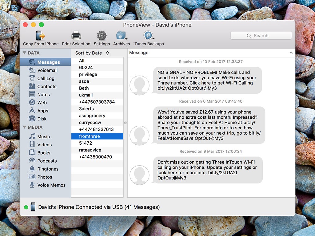 PhoneView, for saving text messages from iOS to an Apple computer like a MacBook.