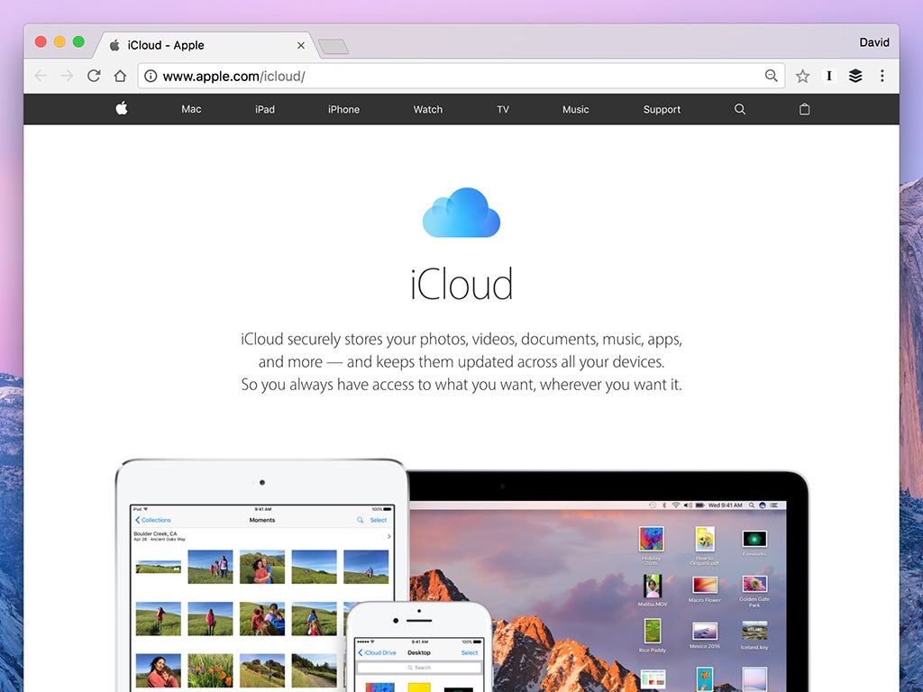 The homepage for Apple's iCloud service.
