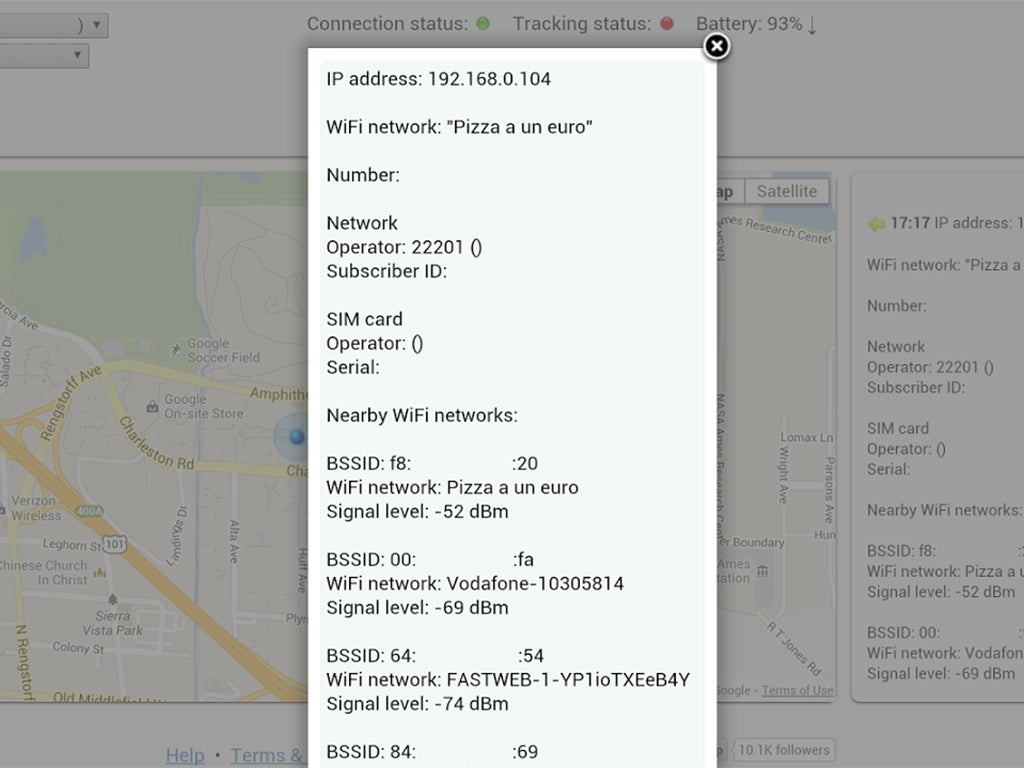 Details about a phone's location, from the Cerberus security app for Android.