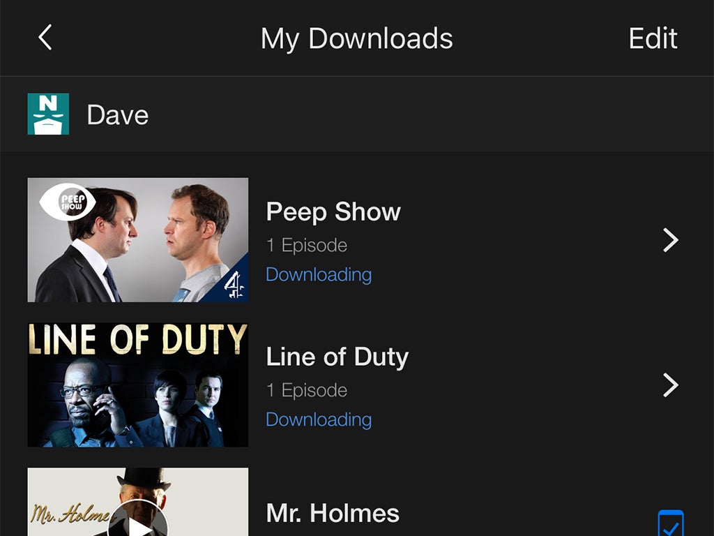The "my downloads" interface inside Netflix that shows you what you've downloaded.