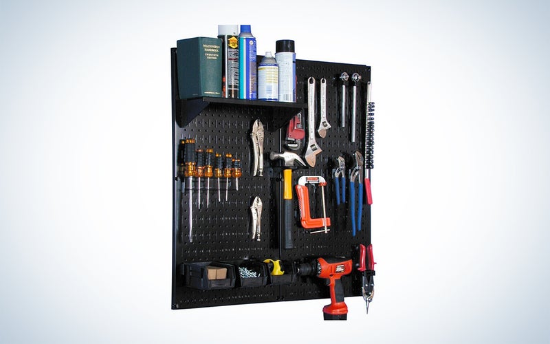 Wall Control Metal Pegboard Utility Tool Storage Kit with Black Pegboard and Black Accessories